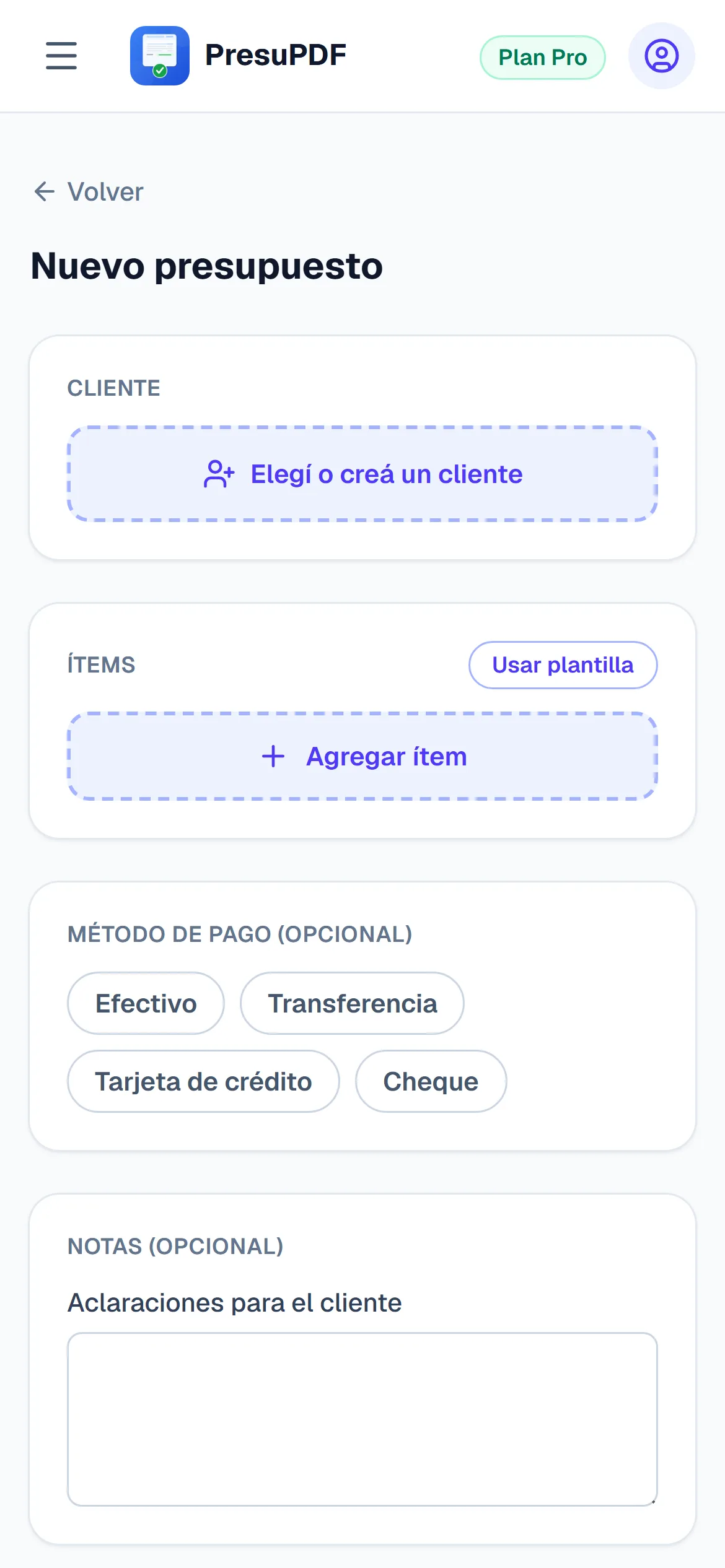 Pantalla de nuevo presupuesto